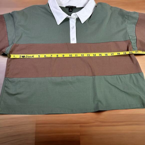 MM MM MM Top Women XL Cropped Green Sage Mocha ColorBlock Collared Tee Dillards - Picture 9 of 10